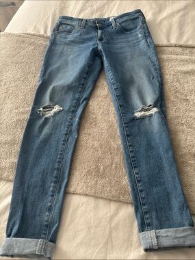 Ag Adriano Goldschmied Distressed Boyfriend Jeans in Blue